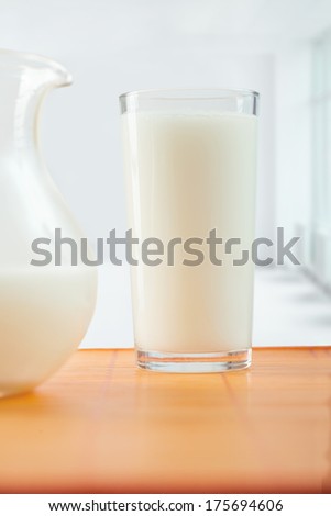 glass of milk and pitcher on table
