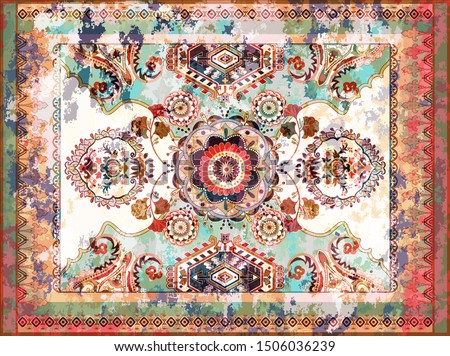 Colorful ornamental vector design for rug, tapis, blanket, shawl.  Geometric ethnic template. Arabian ornamental carpet with decorative elements. Persian abstract folk design. Aging effect