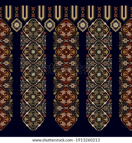 Vector seamless border ornament. Indian ethnic hpattern. Black background with decorative folk ornament. Seamless indian wallpaper. Vector folk black pattern. Arabian ornamental pattern