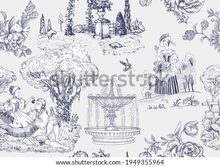 Toile de Jouy pattern. French provence decoupage paper. Vintage wallpaper. Classic provence wallpaper. Vector nature seamless pattern. Design for decoupage, paper, cover, print Stock foto © 