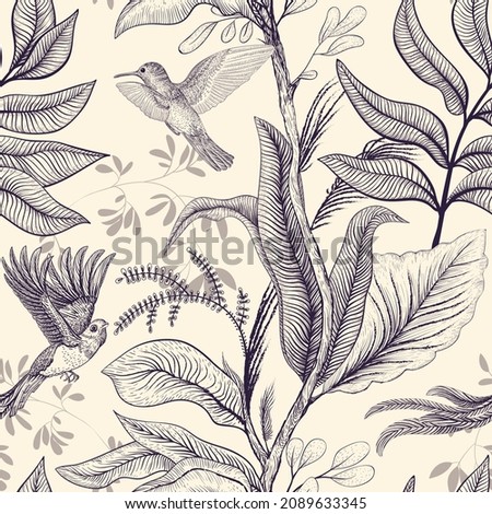 Seamless pattern Toile de Jouy with birds and plants. Light tropical wallpaper. Monochrome nature background. Provence vintage decoupage. Floral italian wallpaper. Old style design. Stock foto © 