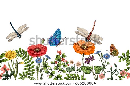 Vector vertical border with dragonflies, butterflies, flowers, grass and plants. Summer style. Seamless nature border, floral background. Vector horizontal banner with colorful plants and insects