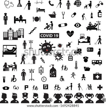 corona virus medical in hospital vector icon set