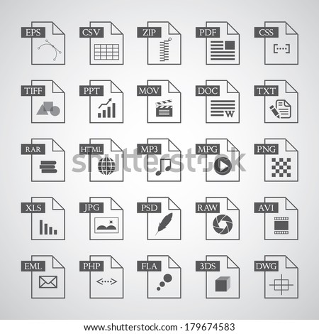 File type icon set  on gray background