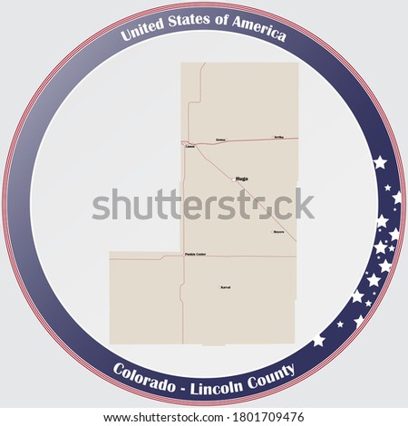 Round button with detailed map of Lincoln County in Colorado, USA.