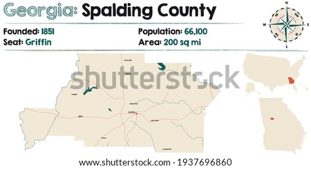 Large and detailed map of Spalding county in Georgia, USA.