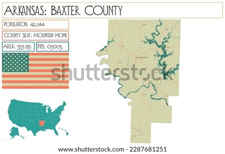 Large and detailed map of Baxter County in Arkansas, USA.