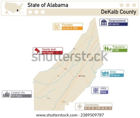 Detailed infographic and map of DeKalb County in Alabama USA.