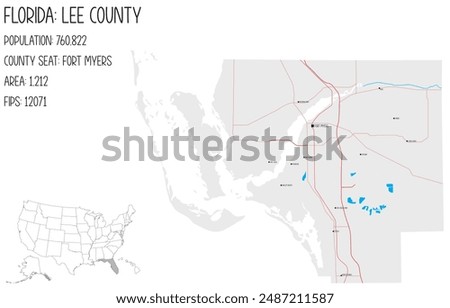 Large and detailed map of Lee County in Florida, USA.