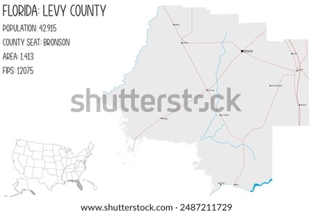 Large and detailed map of Levy County in Florida, USA.