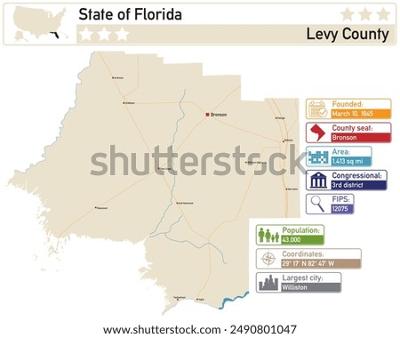 Detailed infographic and map of Levy County in Florida USA.