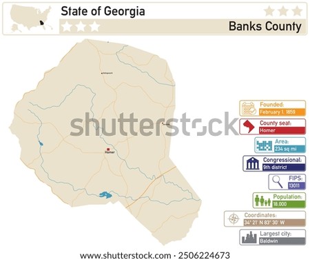 Detailed infographic and map of Banks County in Georgia USA.