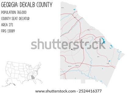 Large and detailed map of DeKalb County in Georgia, USA.