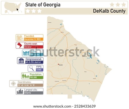 Detailed infographic and map of DeKalb County in Georgia USA.