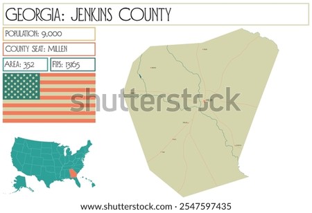 Large and detailed map of Jenkins County in Georgia USA.