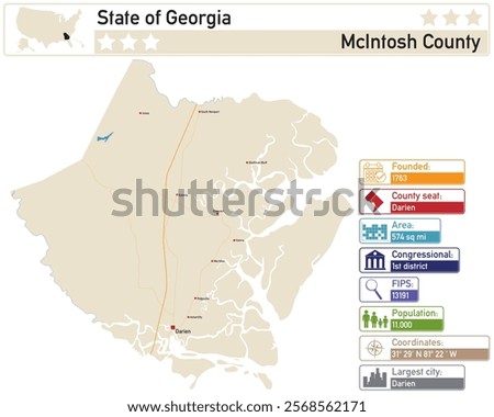 Detailed infographic and map of McIntosh County in Georgia USA.