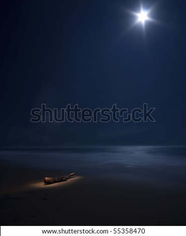 starry moon on night sea with beach and tree trunk painted with light