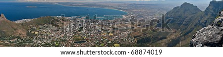 panorama of city of Cape Town as seen from table mountain with table bay and harbor