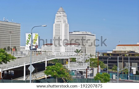LOS ANGELES, CALIFORNIA/USA - MAY 11, 2014: The Los Angeles City Hall completed in 1928 houses the mayor\'s office and City Council meeting chambers. May 11, 2014 Los Angeles, California, USA