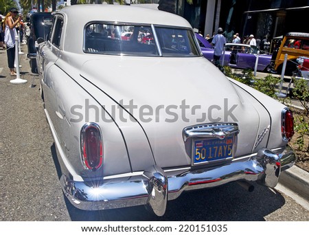BEVERLY HILLS, CALIFORNIA - JUNE 16, 2013: Classic vintage Studebaker (rear view) on display at the Rodeo Drive Concours D\'Elegance on June 16, 2013 Beverly Hills, California, USA