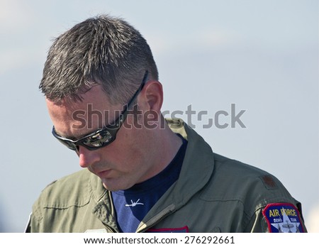 CHINO/CALIFORNIA - MAY 3, 2015: Captain John Cummings F-22 Raptor Demo Pilot as  he signs autographs at the Planes of Fame Airshow in Chino, California USA