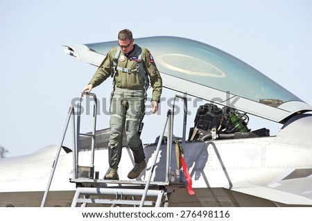 CHINO/CALIFORNIA - MAY 3, 2015: Captain John Cummings F-22 Raptor Demo Pilot as he disembarks to approach onlookers at the Planes of Fame Airshow in Chino, California USA