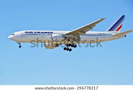 LOS ANGELES/CALIFORNIA - JULY 12, 2015: Air France Boeing 777 on approach to runway at Los Angeles International Airport in Los Angeles, California, USA
