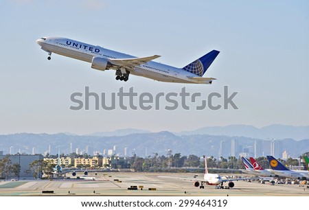 LOS ANGELES/CALIFORNIA - JULY 12, 2015: United Airlines Boeing 777 as it departs Los Angeles International Airport in Los Angeles, California, USA