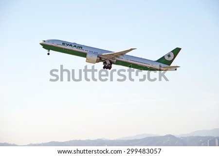 LOS ANGELES/CALIFORNIA - JULY 12, 2015: Eva Airlines Boeing 777 as it departs Los Angeles International Airport in Los Angeles, California, USA