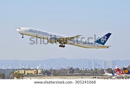 LOS ANGELES/CALIFORNIA - AUG. 9, 2015: New Zealand Airlines Boeing 777-319 (ER) taking off from at Los Angeles International Airport in Los Angeles, California, USA
