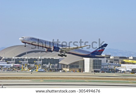 LOS ANGELES/CALIFORNIA - AUG. 9, 2015: Aeroflot Airlines Boeing 777-300ER takes off from Los Angeles International Airport in Los Angeles, California, USA