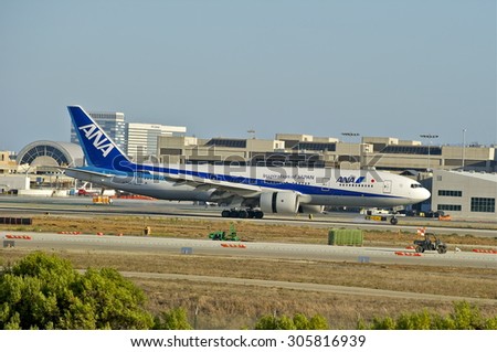 LOS ANGELES/CALIFORNIA - AUG. 9, 2015: ANA (All Nippon Airways) Boeing 772 commercial jet touches down on runway at Los Angeles International Airport in Los Angeles, California, USA