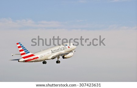 SANTA ANA/CALIFORNIA - AUG. 17, 2015: American Airlines Airbus 319-132 commercial jet departs from John Wayne International Airport in Santa Ana, California, USA
