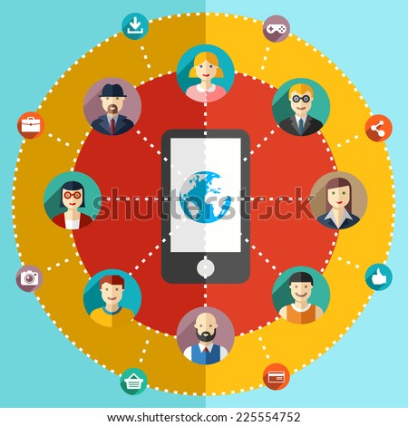 Social network flat illustration with avatars earth mobile phone
