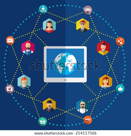 Social network flat illustration with avatars earth