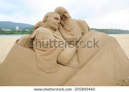 FULONG, TAIWAN-JUNE 12,2014 a novel sand sculpture at Fulong beach for celebrating the Sand Sculpture Festival on JUNE 12,2014 in Fulong,Taiwan