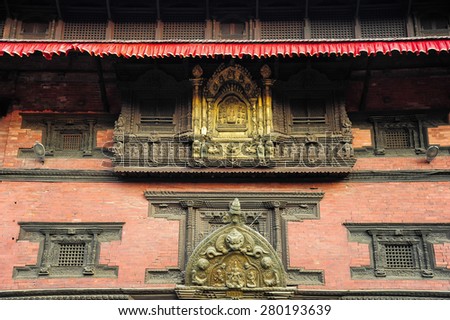 BHAKTAPUR,NEPAL-FEBRUARY 17 2015: Detail of art craft front of Temples in Durbar Square in Bhaktapur Kathmandu valey Nepal on February 17 2015.