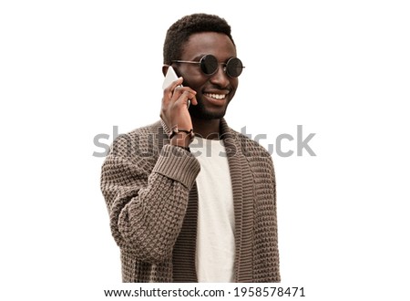 Similar – Image, Stock Photo Stylish black model talking on smartphone on gray background