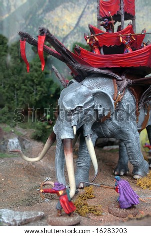 Toy kit of fantasy warriors and giant battle elephant