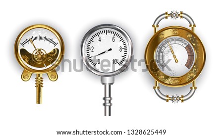 Three antique pressure gauge drawn in steampunk style on white background.