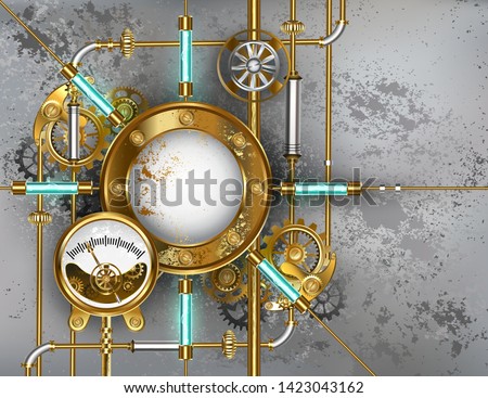 Round, steampunk, brass, banner with LED lights and antique manometer on gray concrete background with brass tubes.