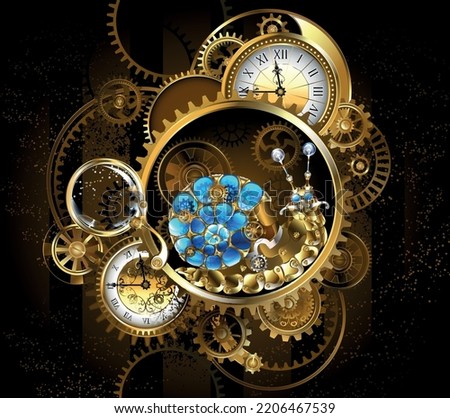 Clockwork made of antique dials, brass and gold gears, magnifying lens, slowed down by mechanical snail with blue glass shell. Steampunk style.