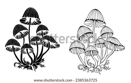 Two groups of artistically drawn, contoured, black, isolated, silhouette toadstools on a white background. Hallucinogenic mushrooms. hand drawn vector art