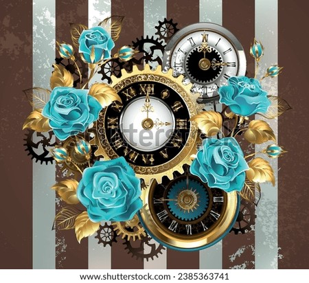 Patterned, antique watch, adorned with jewelry, gold hour hands and Latin numerals with turquoise roses on brown, striped background. Steampunk style. hand drawn vector art