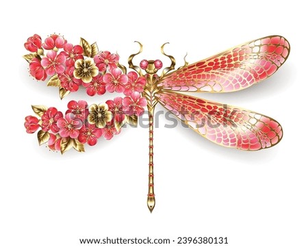 Artistically drawn, gold, jeweled dragonfly with red and wings decorated with red, blooming, jeweled Japanese cherry on white background. Gold Dragonfly. Hand drawn vector art.