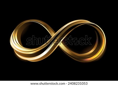 Artistically drawn infinity symbol twisted from layers of sparkling gold on black background. Gold infinity. Hand drawn vector art.