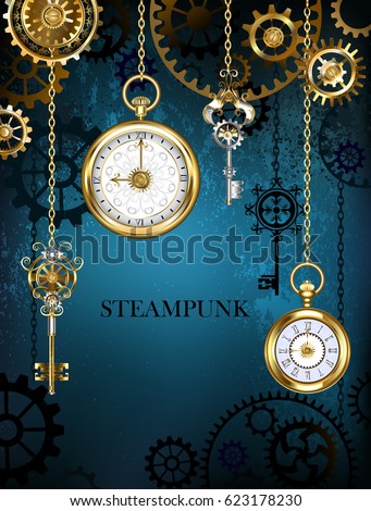 Steampunk design with gold antique clocks, keys and brass gears on turquoise background.