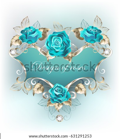 Blue patterned banner with patterned frame of white gold, decorated with turquoise jewelry roses.