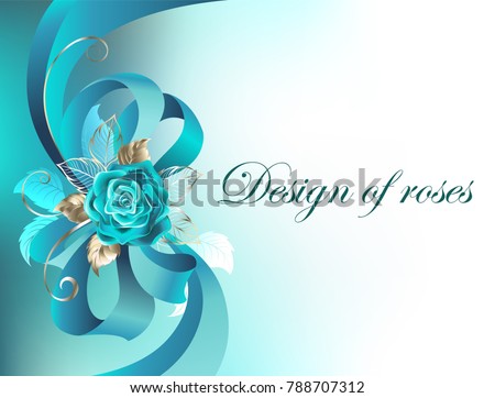 Turquoise silk bow with rose and gold leaves on white background.