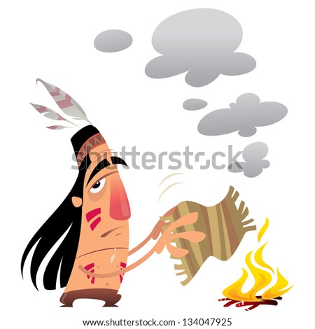 Cartoon indian man character sending a message by smoke signals moving small carpet over fire